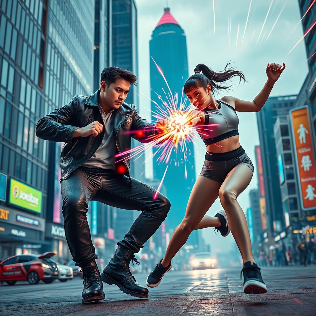 An action-packed scene featuring two 27-year-old adults engaged in a fierce battle, wielding the extraordinary power of teleportation in the bustling city of Jakarta