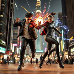 An action-packed scene featuring two 27-year-old adults engaged in a fierce battle, wielding the extraordinary power of teleportation in the bustling city of Jakarta