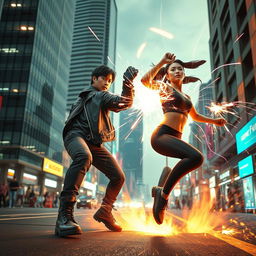 An action-packed scene featuring two 27-year-old adults engaged in a fierce battle, wielding the extraordinary power of teleportation in the bustling city of Jakarta