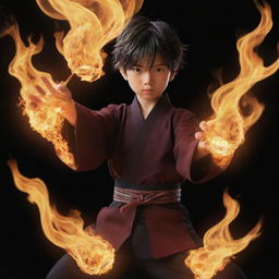 A young boy anime character in traditional Japanese attire, dynamically posed in the process of executing a powerful fire technique, with flames swirling from his hands.