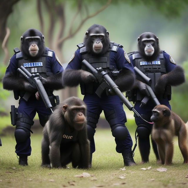 A team of tactically trained chimps in police gear working alongside police dogs to apprehend criminals