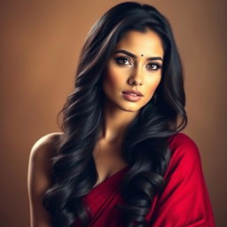 A sultry portrait of a beautiful woman with long, wavy black hair cascading over her shoulders