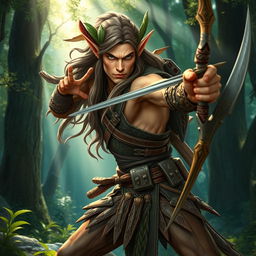 A strong and agile wood elf warrior, poised in a dynamic stance ready for battle