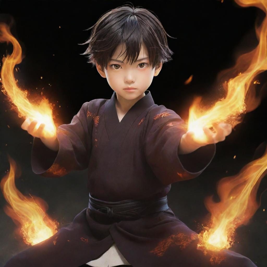 A young boy anime character in traditional Japanese attire, dynamically posed in the process of executing a powerful fire technique, with flames swirling from his hands.