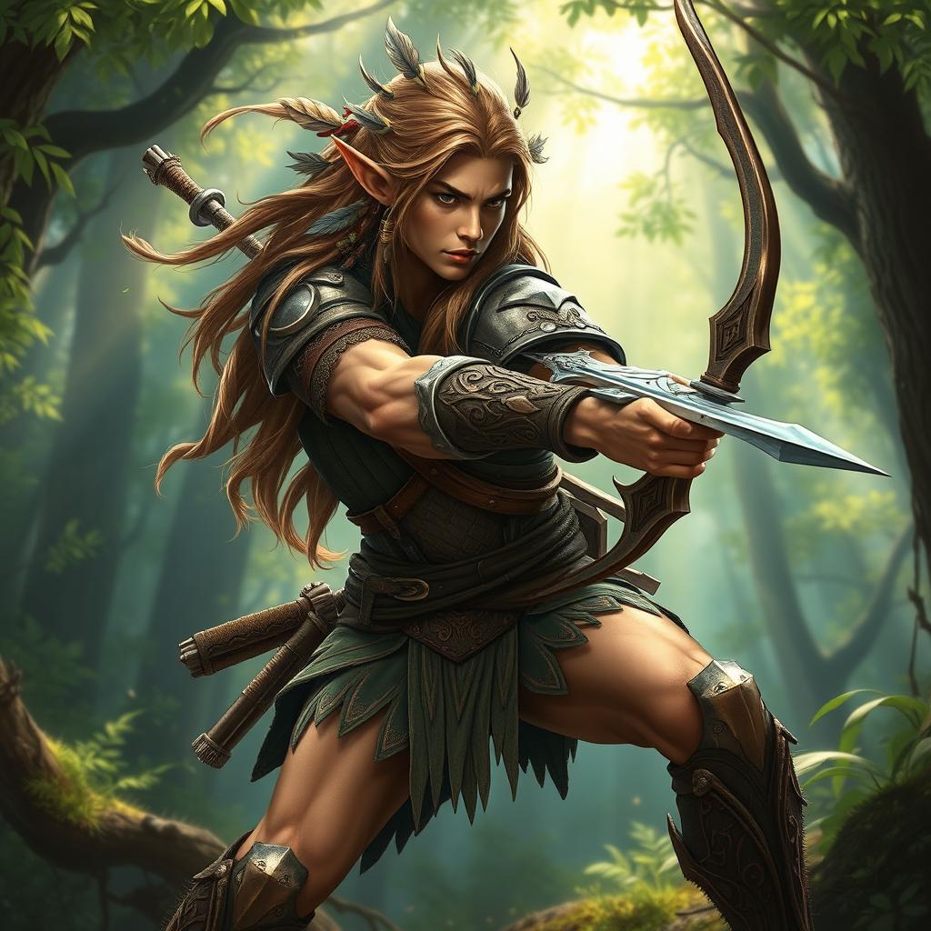 A strong and agile wood elf warrior, poised in a dynamic stance ready for battle