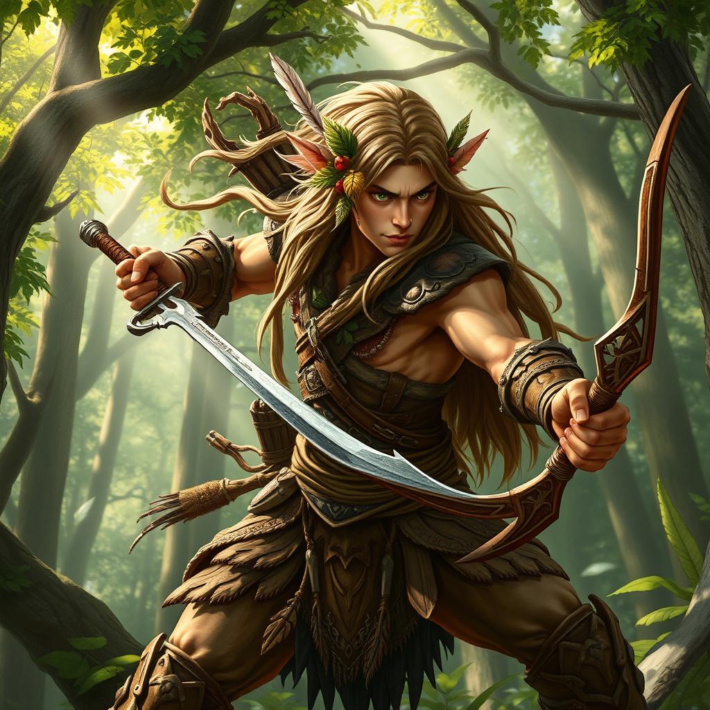 A strong and agile wood elf warrior, poised in a dynamic stance ready for battle