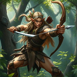 A strong and agile wood elf warrior, poised in a dynamic stance ready for battle