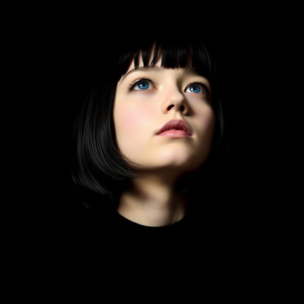 A striking portrait of a girl with shoulder-length jet black hair, wearing a sophisticated black turtleneck