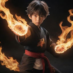 A young boy anime character in traditional Japanese attire, dynamically posed in the process of executing a powerful fire technique, with flames swirling from his hands.