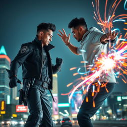 An intense confrontation between two 27-year-old men using the extraordinary power of teleportation in the vibrant city of Jakarta