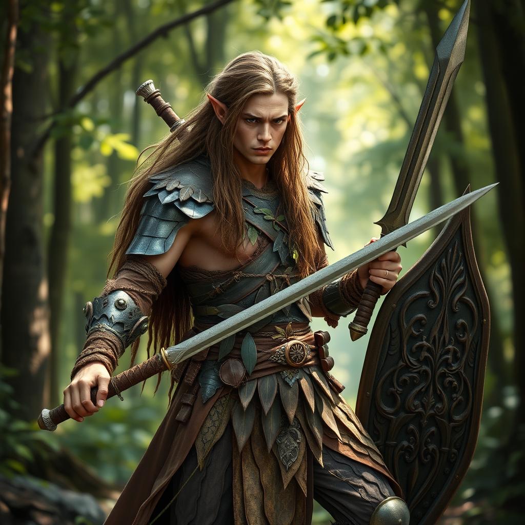 A fierce wood elf warrior, clad in intricately designed armor that blends seamlessly with the natural environment