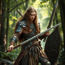 A fierce wood elf warrior, clad in intricately designed armor that blends seamlessly with the natural environment