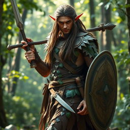 A fierce wood elf warrior, clad in intricately designed armor that blends seamlessly with the natural environment