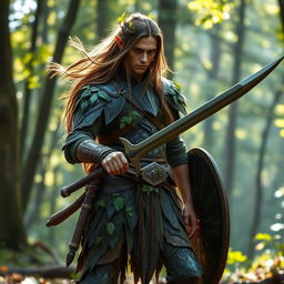 A fierce wood elf warrior, clad in intricately designed armor that blends seamlessly with the natural environment