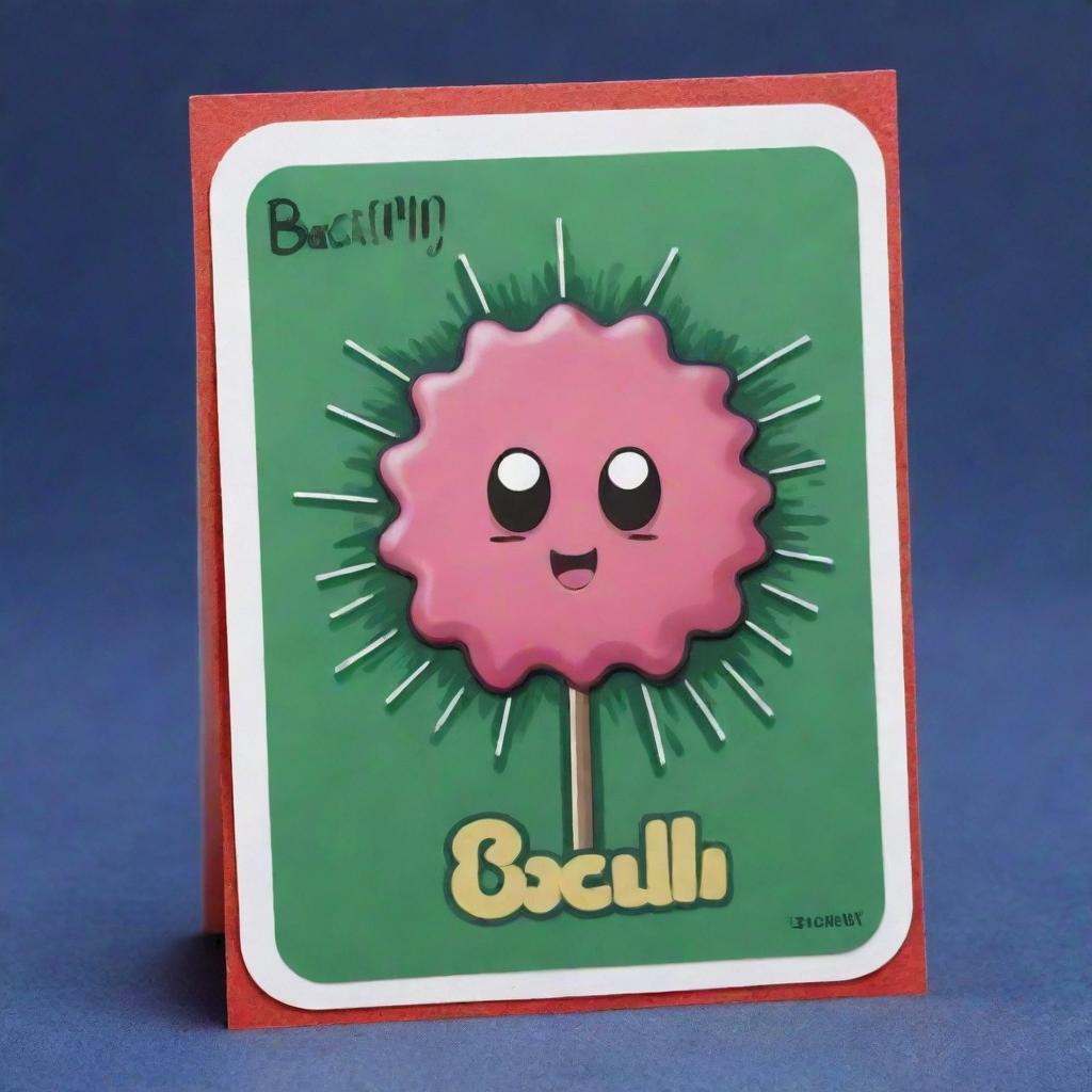 Craft a cute, cartoon-style 'Bacillary Burst' card, an 'upcell' type. Visualize an appealing, oblong-shaped cell deploying a powerful burst imitating rod-shaped bacilli. The burst should embody an eruption causing oblivion to an opponent's card.