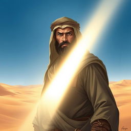 A dramatic portrayal of Wahshi ibn Harb, an ancient warrior, standing in a vast desert landscape