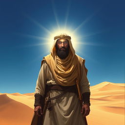 A dramatic portrayal of Wahshi ibn Harb, an ancient warrior, standing in a vast desert landscape