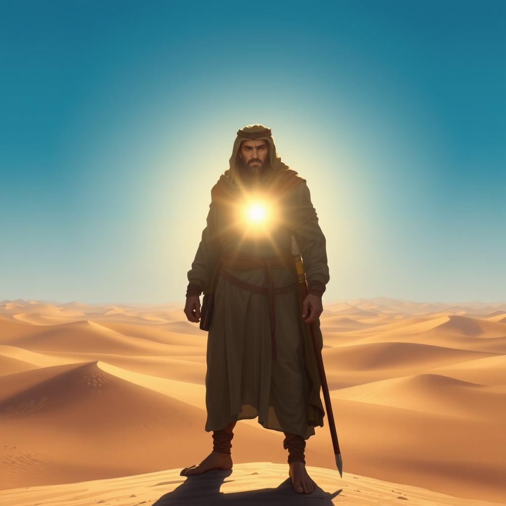 A dramatic portrayal of Wahshi ibn Harb, an ancient warrior, standing in a vast desert landscape