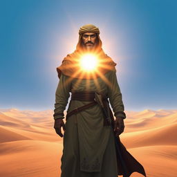 A dramatic portrayal of Wahshi ibn Harb, an ancient warrior, standing in a vast desert landscape