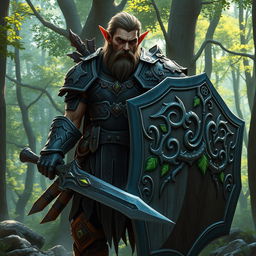 A formidable wood elf warrior clad in heavy, intricately designed armor that combines practicality with artistic flair