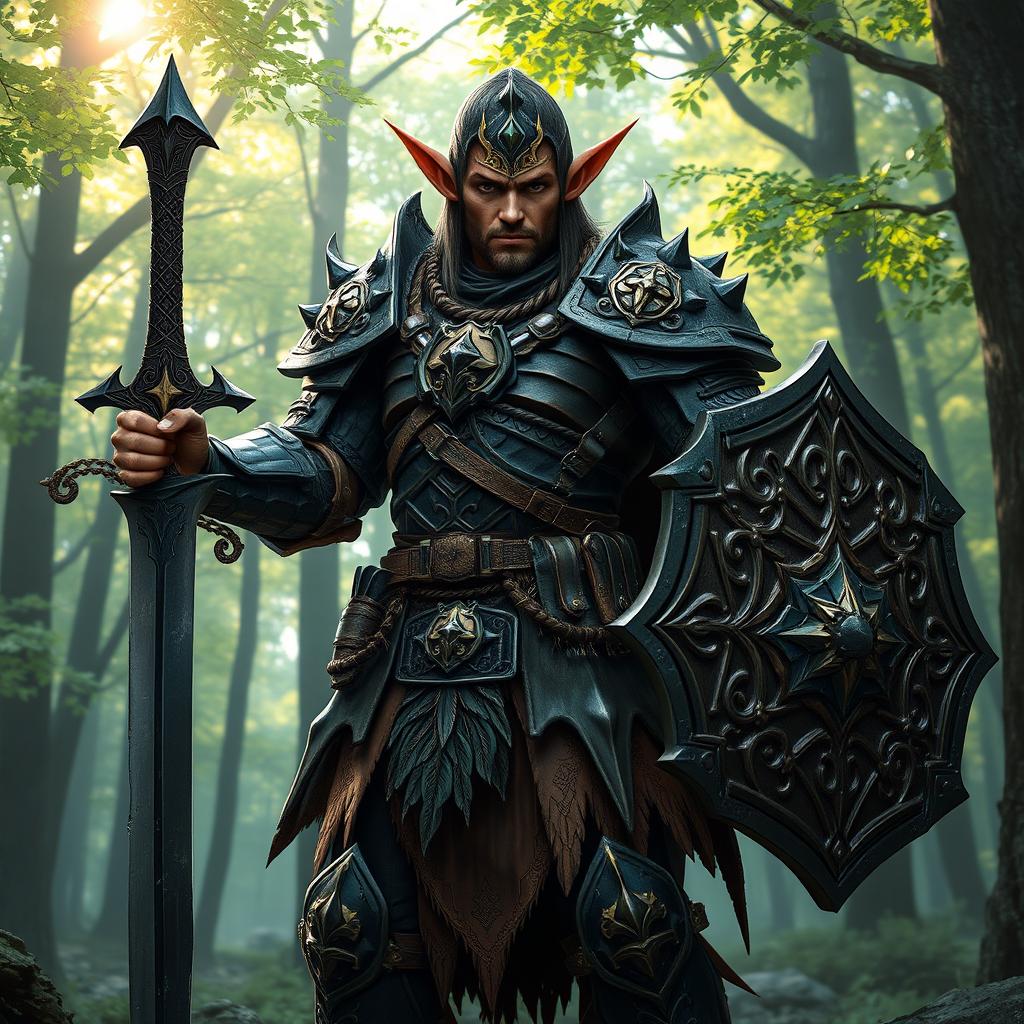 A formidable wood elf warrior clad in heavy, intricately designed armor that combines practicality with artistic flair