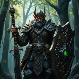 A formidable wood elf warrior clad in heavy, intricately designed armor that combines practicality with artistic flair