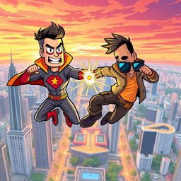 A vibrant cartoon illustration depicting two 27-year-old men engaged in an epic battle using the power of teleportation high above the stunning skyline of Jakarta