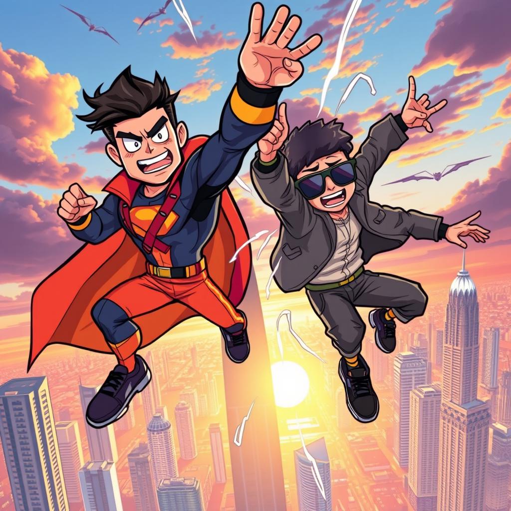 A vibrant cartoon illustration depicting two 27-year-old men engaged in an epic battle using the power of teleportation high above the stunning skyline of Jakarta