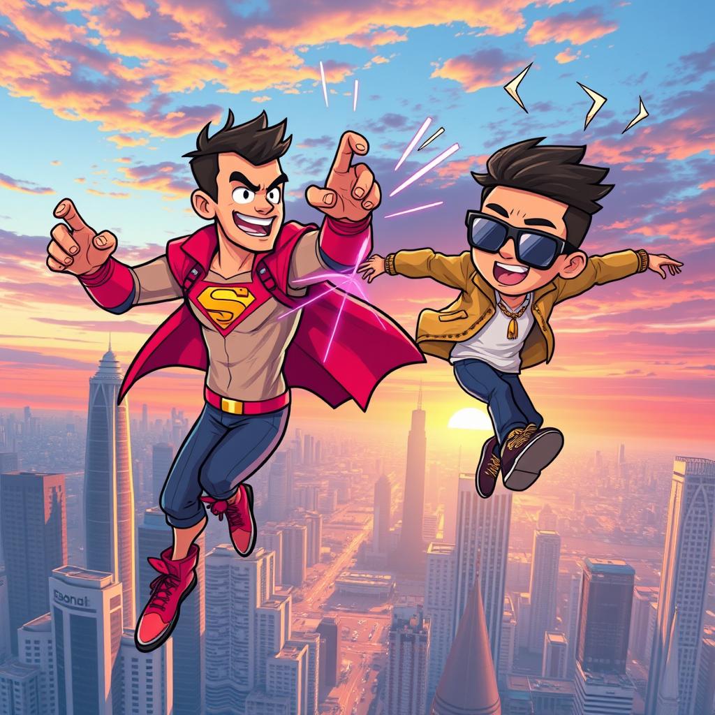 A vibrant cartoon illustration depicting two 27-year-old men engaged in an epic battle using the power of teleportation high above the stunning skyline of Jakarta