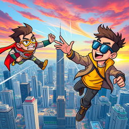 A vibrant cartoon illustration depicting two 27-year-old men engaged in an epic battle using the power of teleportation high above the stunning skyline of Jakarta