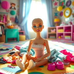 A realistic depiction of a bald Barbie doll, sitting on a colorful play mat surrounded by various accessories like clothes and shoes