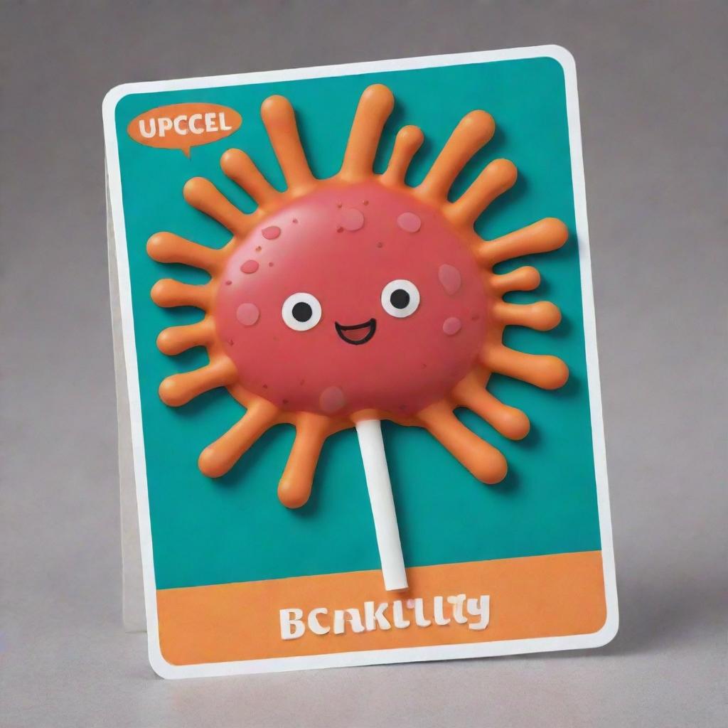 Craft a cute, cartoon-style 'Bacillary Burst' card, an 'upcell' type. Visualize an appealing, oblong-shaped cell deploying a powerful burst imitating rod-shaped bacilli. The burst should embody an eruption causing oblivion to an opponent's card.