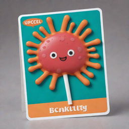 Craft a cute, cartoon-style 'Bacillary Burst' card, an 'upcell' type. Visualize an appealing, oblong-shaped cell deploying a powerful burst imitating rod-shaped bacilli. The burst should embody an eruption causing oblivion to an opponent's card.