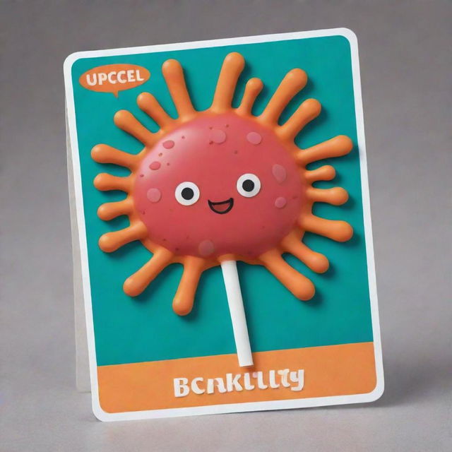 Craft a cute, cartoon-style 'Bacillary Burst' card, an 'upcell' type. Visualize an appealing, oblong-shaped cell deploying a powerful burst imitating rod-shaped bacilli. The burst should embody an eruption causing oblivion to an opponent's card.