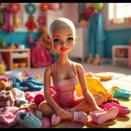 A realistic depiction of a bald Barbie doll, sitting on a colorful play mat surrounded by various accessories like clothes and shoes