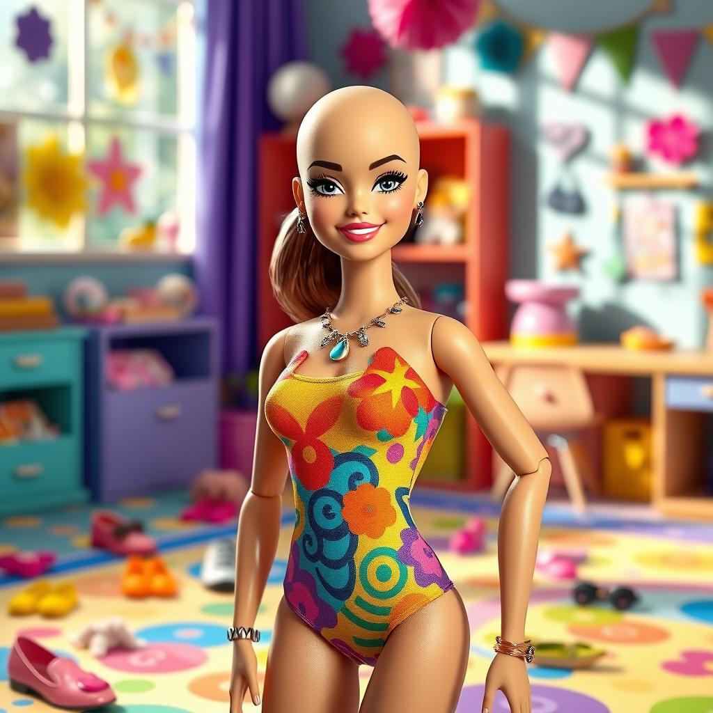 A realistic depiction of a bald Barbie doll wearing a stylish bodysuit, confidently posed on a colorful play mat scattered with various accessories like shoes and jewelry