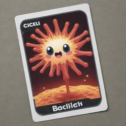 Craft a cute, cartoon-style 'Bacillary Burst' card, an 'upcell' type. Visualize an appealing, oblong-shaped cell deploying a powerful burst imitating rod-shaped bacilli. The burst should embody an eruption causing oblivion to an opponent's card.