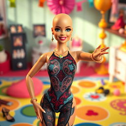 A realistic depiction of a bald Barbie doll wearing an elegant bodysuit, striking a confident pose on a bright playmat adorned with various accessories such as colorful shoes and jewelry