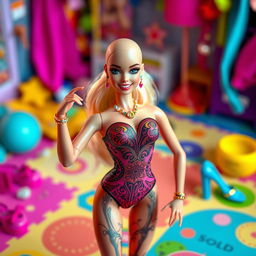 A realistic depiction of a bald Barbie doll wearing an elegant bodysuit, striking a confident pose on a bright playmat adorned with various accessories such as colorful shoes and jewelry