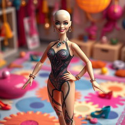 A realistic depiction of a bald Barbie doll wearing an elegant bodysuit, striking a confident pose on a bright playmat adorned with various accessories such as colorful shoes and jewelry