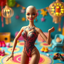 A realistic depiction of a bald Barbie doll wearing an elegant bodysuit, striking a confident pose on a bright playmat adorned with various accessories such as colorful shoes and jewelry