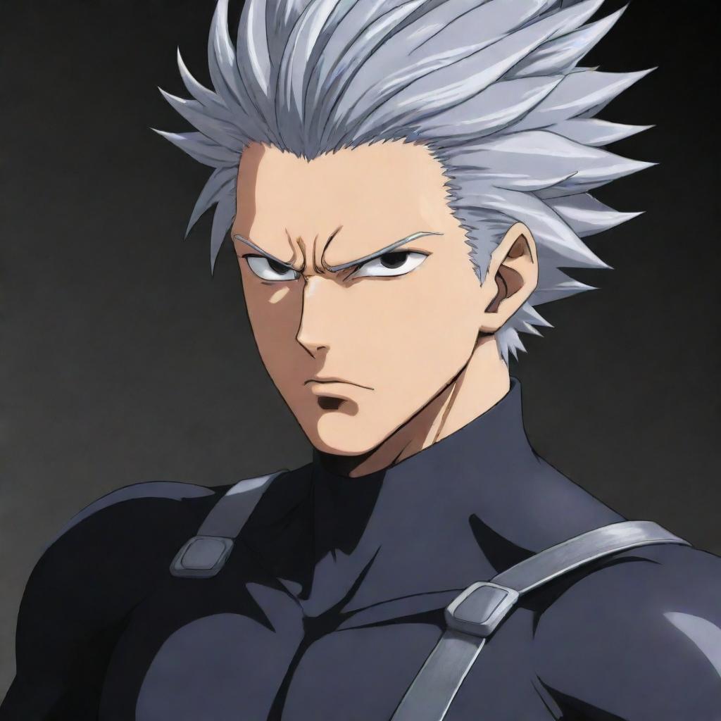 Garou, the hero hunter from One Punch Man, in his distinguishing grey and black outfit, with his silver hair and intimidating expression.