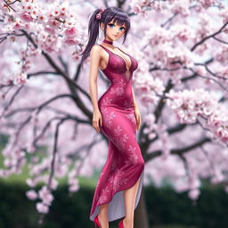 A beautiful and sensual portrayal of a character inspired by Sakura Haruno, dressed in a stunning, form-fitting sexy dress that accentuates her curves