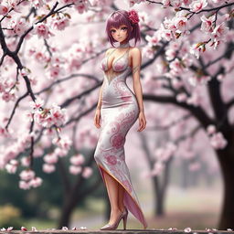 A beautiful and sensual portrayal of a character inspired by Sakura Haruno, dressed in a stunning, form-fitting sexy dress that accentuates her curves