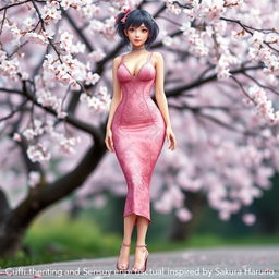 A beautiful and sensual portrayal of a character inspired by Sakura Haruno, dressed in a stunning, form-fitting sexy dress that accentuates her curves
