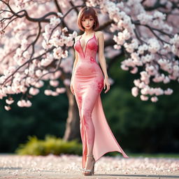 A beautiful and sensual portrayal of a character inspired by Sakura Haruno, dressed in a stunning, form-fitting sexy dress that accentuates her curves
