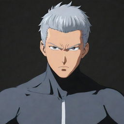 Garou, the hero hunter from One Punch Man, in his distinguishing grey and black outfit, with his silver hair and intimidating expression.