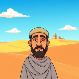 A cartoon-style landscape depicting Wahshi ibn Harb in a desert setting