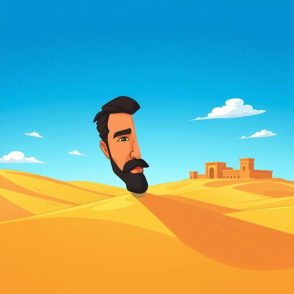 A cartoon-style landscape depicting Wahshi ibn Harb in a desert setting