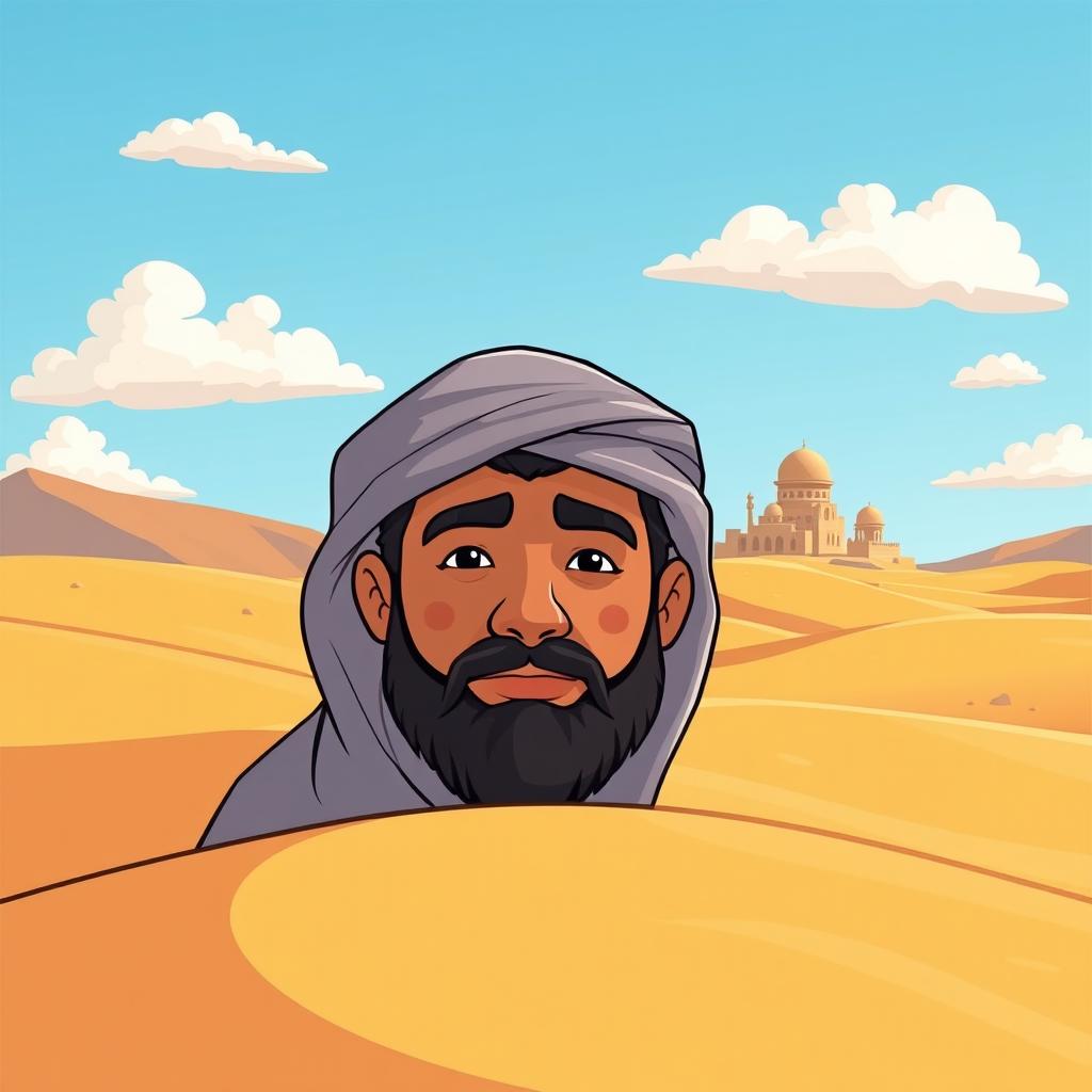 A cartoon-style landscape depicting Wahshi ibn Harb in a desert setting